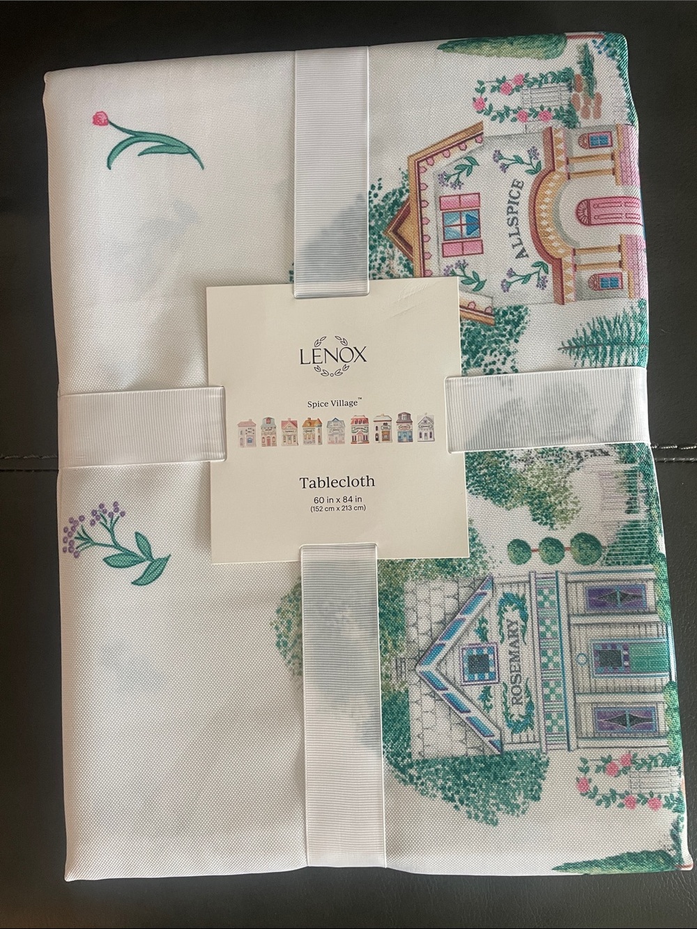 Lenox Spice Village White Tablecloth with Green, Pink, Purple Accents 60X84